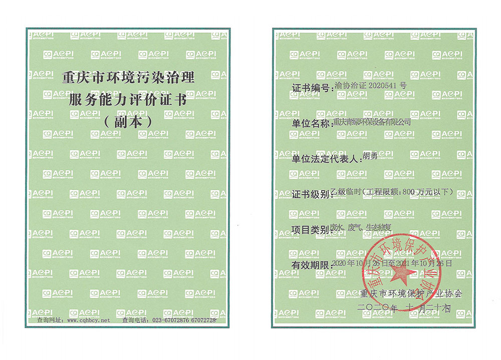 重慶市環(huán)境污染治理能力服務(wù)評(píng)價(jià)證書(shū)